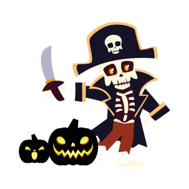 Cadılar Bayramı korsan karikatürü ve balkabağı vektör tasarımı