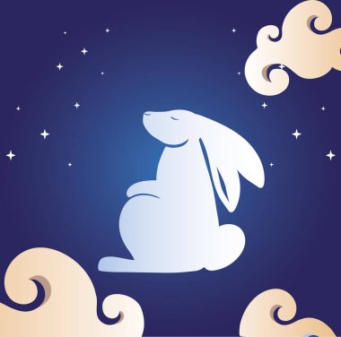 Bulutlu tavşan ve mutlu sonbahar ortası festivali tasarımı