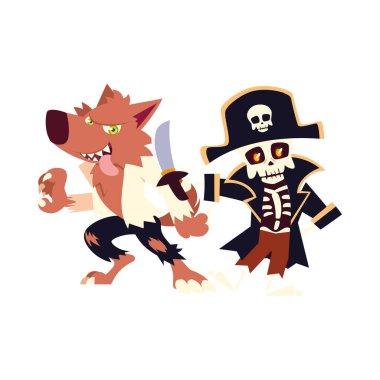 Cadılar Bayramı kurt adam ve kafatası korsan karikatür vektör tasarımı