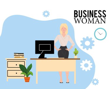 Masasında bilgisayar ve bilgi panosu vektör tasarımı olan sarışın iş kadını çizgi filmi