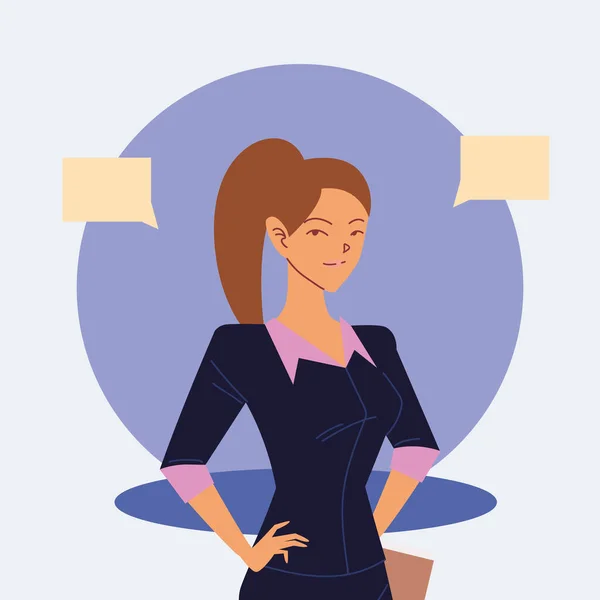 Dessin animé femme d'affaires avec bulles de communication design vectoriel — Image vectorielle