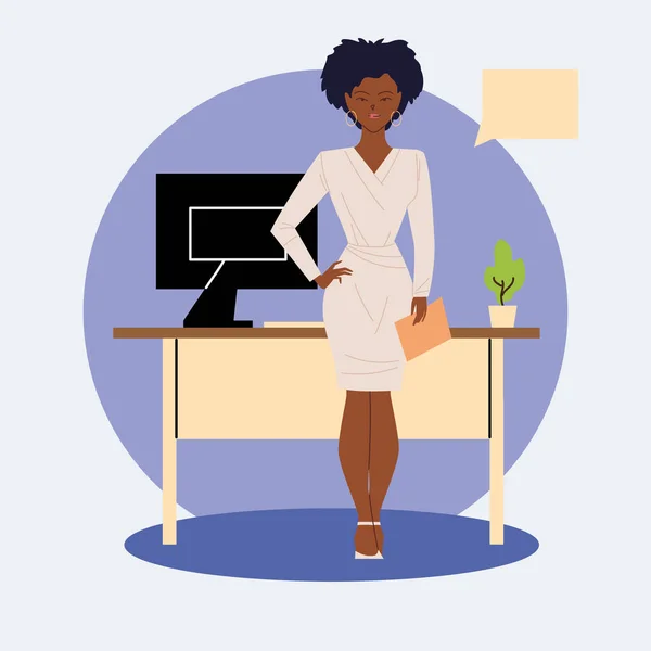 Dibujos animados de mujer de negocios negro con computadora en el escritorio y diseño de vectores de burbujas — Vector de stock