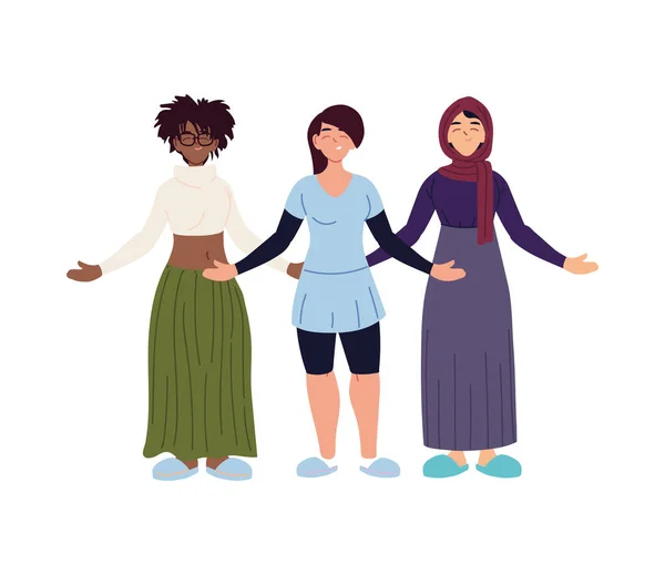 Nero musulmano e nero capelli donne cartoni animati disegno vettoriale — Vettoriale Stock