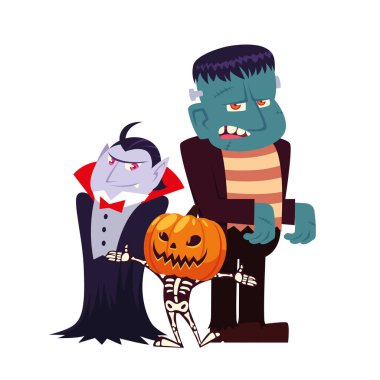Cadılar Bayramı vampir kafatası ve balkabağı ve Frankenstein vektör tasarımı