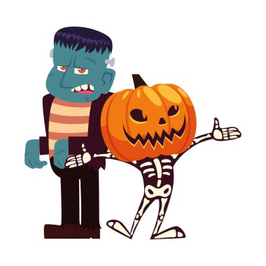 Cadılar Bayramı kafatası çizgi filmi, gece vektör tasarımında balkabağı maskesi ve Frankenstein.