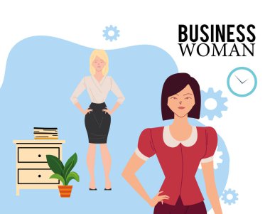 Mobilya ve bitki vektör tasarımı ile ilgili dosyaları olan iş kadınları çizgi filmleri