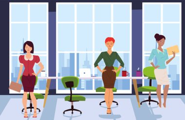 İş kadını karikatürleri ofis önündeki masa tasarımı toplantısının önünde