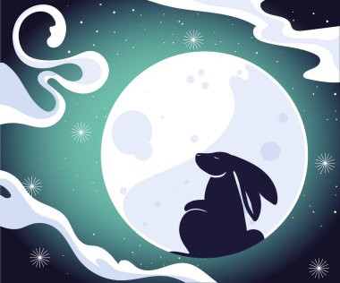 Ay 'da tavşan ve bulutlar ve mutlu sonbahar ortası festival vektör tasarımı yıldızları