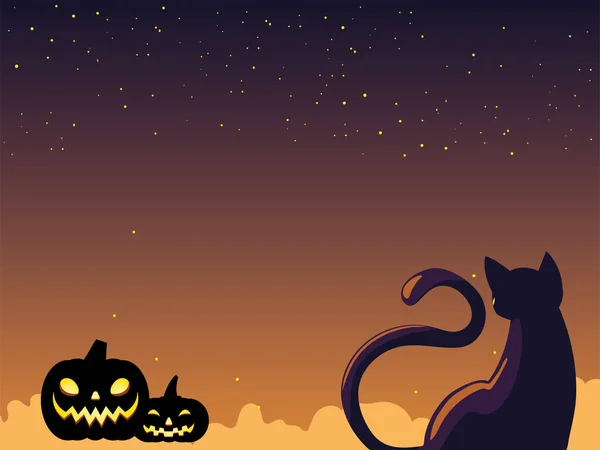 Halloween-Katze und Kürbisse Cartoons bei Nacht Vektor-Design — Stockvektor