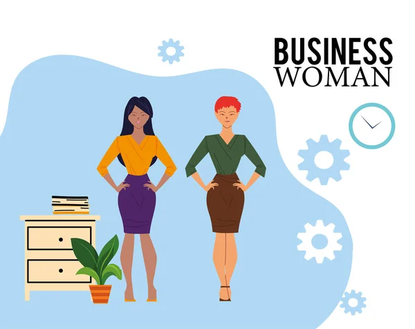 Desenhos animados de mulheres de negócios com arquivos sobre móveis e design de vetores de plantas — Vetor de Stock