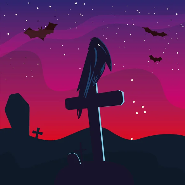 Halloween cuervo de dibujos animados en la tumba en la noche diseño de vectores — Vector de stock
