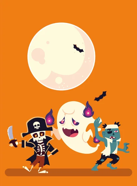 Halloween calavera pirata fantasma y zombie dibujos animados vector de diseño — Vector de stock