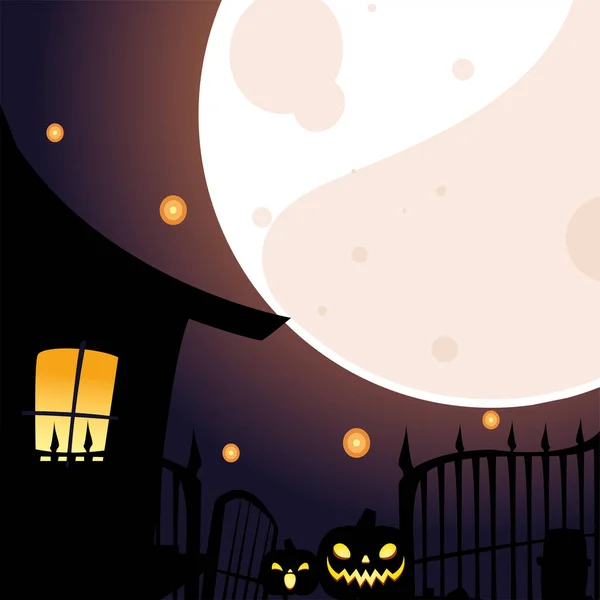 Halloween casa y calabazas dibujos animados en frente de diseño de vectores de la luna — Archivo Imágenes Vectoriales