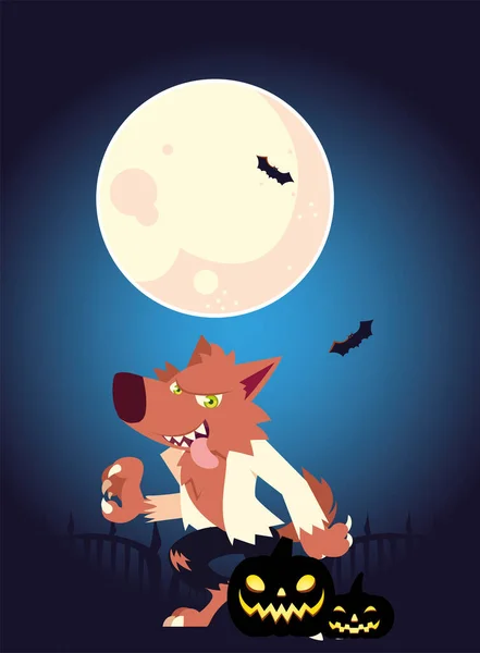 Halloween werewolf cartoon at night vector design — Stock Vector
