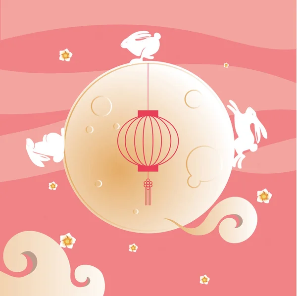 Lua com nuvens de coelhos e lanterna em rosa, design de vetor de fundo —  Vetores de Stock