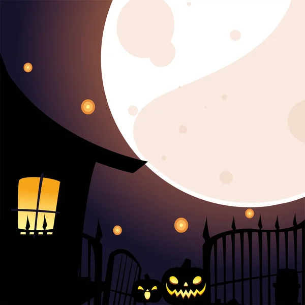 Halloween maison et citrouilles dessins animés en face de la conception vectorielle lune — Image vectorielle