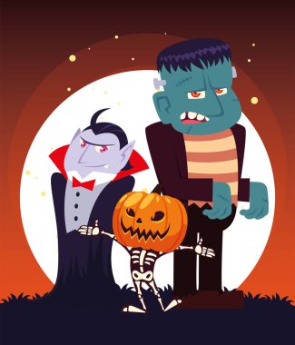 Cadılar Bayramı vampir kafatası, gece vektör tasarımında balkabağı ve Frankenstein çizgi filmi.