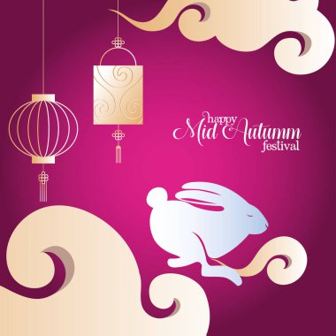 # Bulutlu tavşan ve mutlu sonbahar ortası festival vektör tasarımı fenerleri #