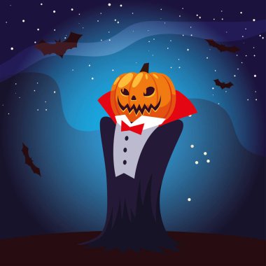 Cadılar Bayramı vampir çizgi filmi ve gece vektör tasarımında balkabağı maskesi.