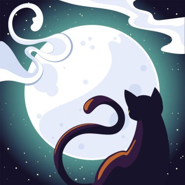 Cadılar Bayramı kedisi ay vektörü tasarımının önünde