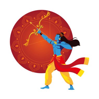 Lord Ram çizgi filmi kırmızı mandala vektör tasarımının önünde ok ve yay ile