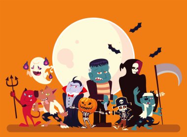 Cadılar Bayramı çizgi filmleri ay ve yarasa vektör tasarımı ile
