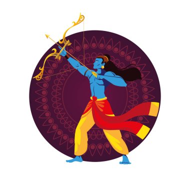 Lord Ram çizgi filmi mor mandala vektör tasarımının önünde ok ve yay ile