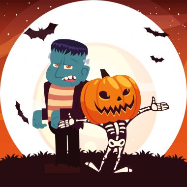 Cadılar Bayramı kafatası çizgi filmi, gece vektör tasarımında balkabağı maskesi ve Frankenstein.