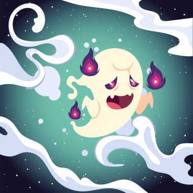 Cadılar Bayramı hayalet karikatürü gece vektör tasarımında