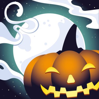 Cadılar Bayramı balkabağı çizgi filmi ay vektörü tasarımının önünde