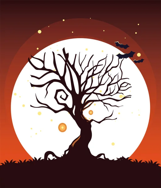 Halloween drzewo i nietoperze przed projektowaniem wektora księżyca — Wektor stockowy