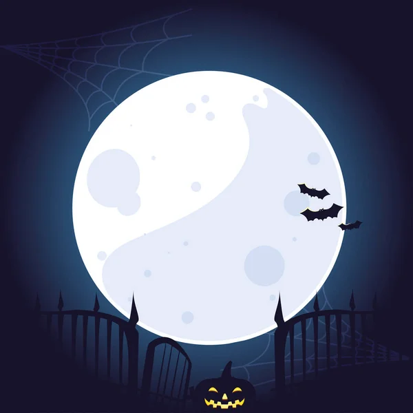 Halloween-Kürbis-Cartoon vor Mond-Vektordesign — Stockvektor