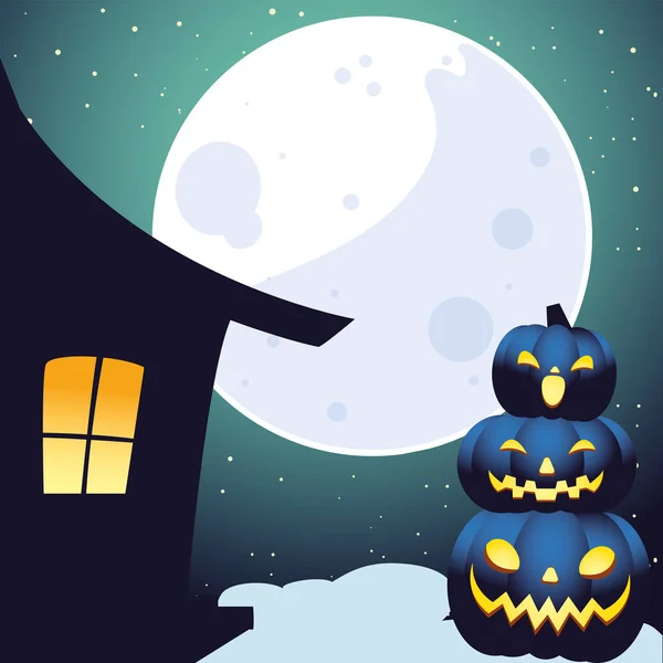 Halloween maison et citrouilles dessins animés en face de la conception vectorielle lune — Image vectorielle