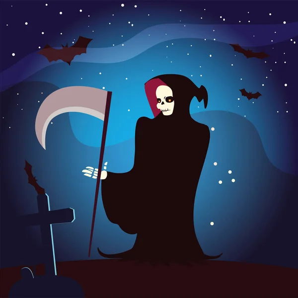 Dibujos animados de la muerte de Halloween con máscara de cráneo en el diseño vectorial noche — Vector de stock