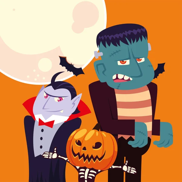 Halloween upíří lebka s dýní a Frankenstein karikatury vektorový design — Stockový vektor