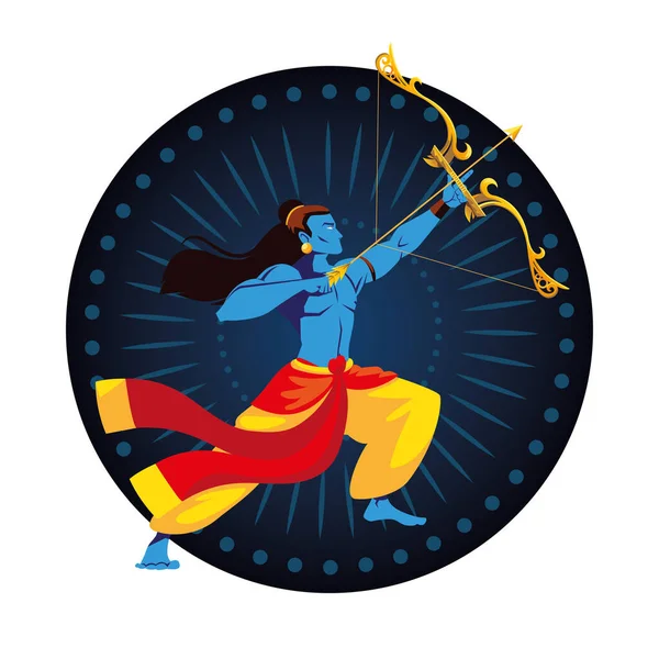 Lord ram cartoon mit Pfeil und Bogen vor blauem Mandala-Vektor-Design — Stockvektor