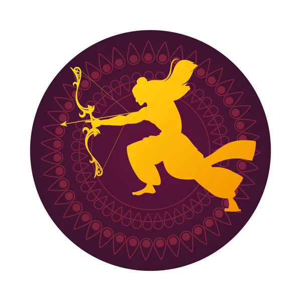 Lord ram with bow and arrow gold silhouette in purple mandala vector design — стоковый вектор