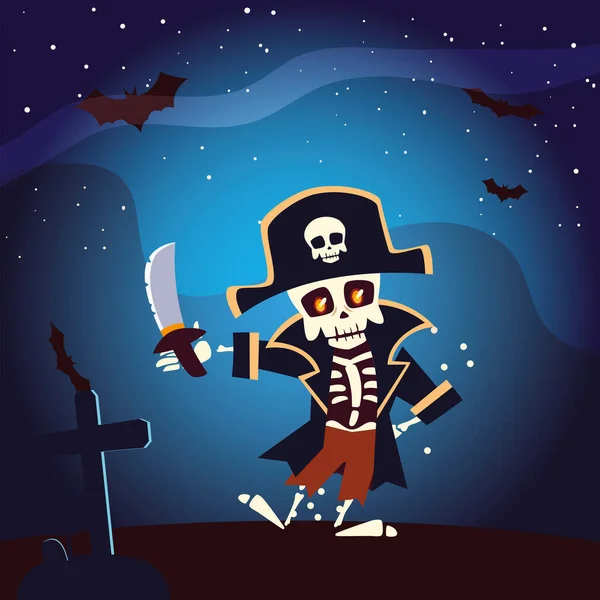 Halloween calavera pirata de dibujos animados en la noche vector de diseño — Vector de stock