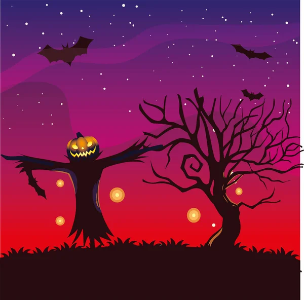 Хэллоуин тыква пугало мультфильм и дерево с векторной конструкции летучих мышей — стоковый вектор