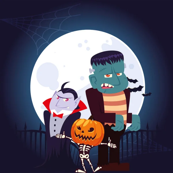 Calavera de vampiro de Halloween con calabaza y dibujos animados de Frankenstein en el diseño vectorial de la noche — Vector de stock