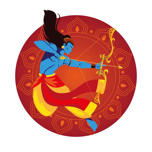 Lord ram cartoon with bow and arrow in front of red mandala vector design — стоковый вектор