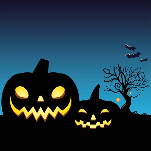 Desenhos animados de abóboras de Halloween na frente do projeto de vetor de árvore — Vetor de Stock