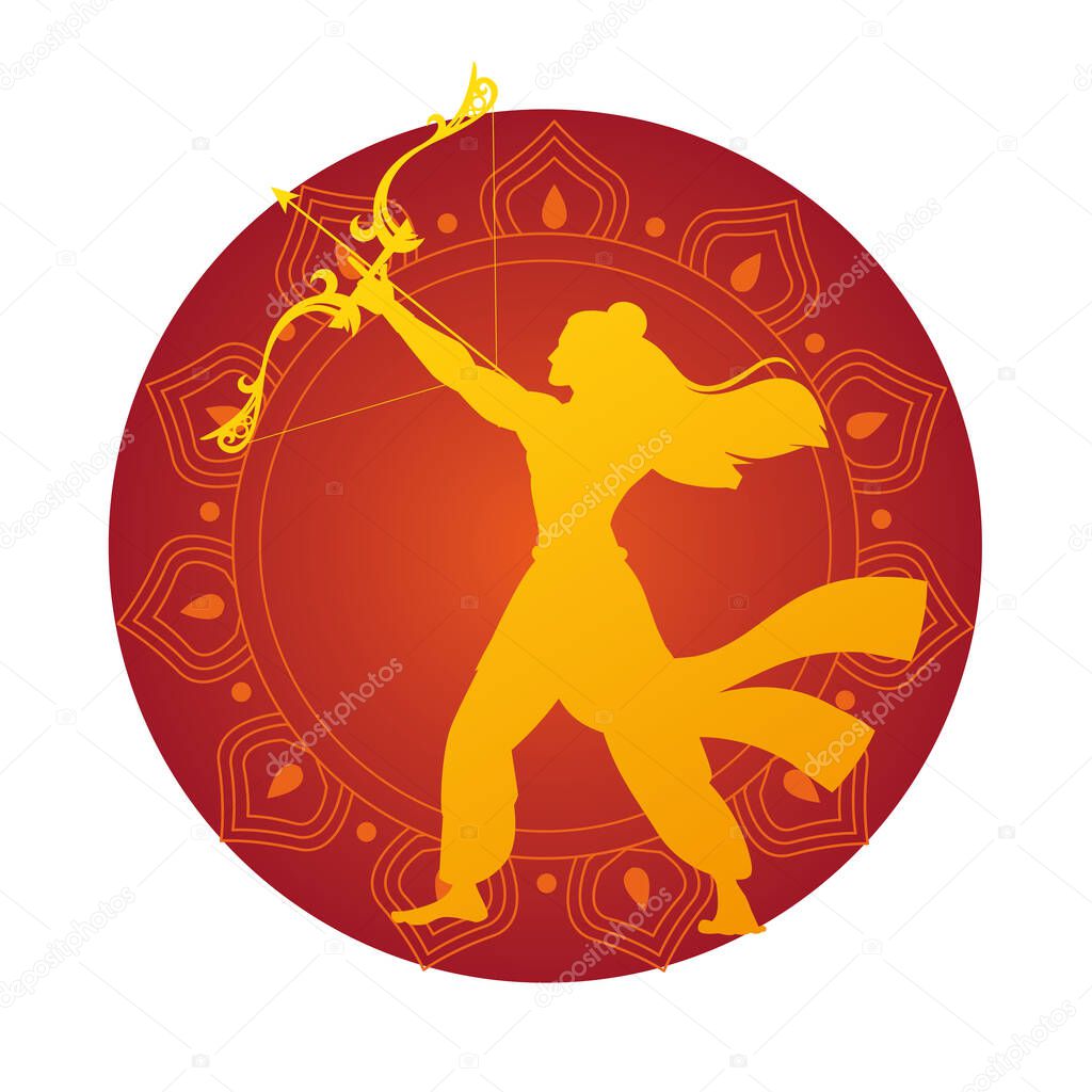 lord ram with bow and arrow gold silhouette in red mandala vector design