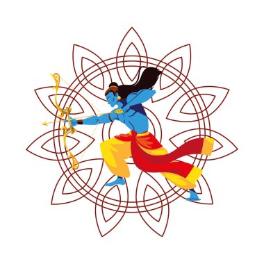 Lord Ram çizgi filmi mandala vektör tasarımının önünde yay ve okla