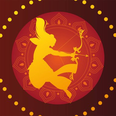 Kırmızı mandala vektör tasarımlı ok ve yaylı Lord Ram.