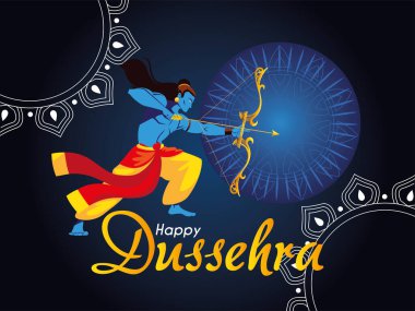 Lord Ram çizgi filmi mavi mandala vektör tasarımının önünde ok ve yay ile