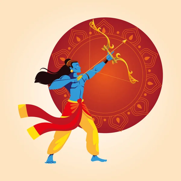 Lord ram cartoon mit Pfeil und Bogen vor rotem Mandala-Vektor-Design — Stockvektor