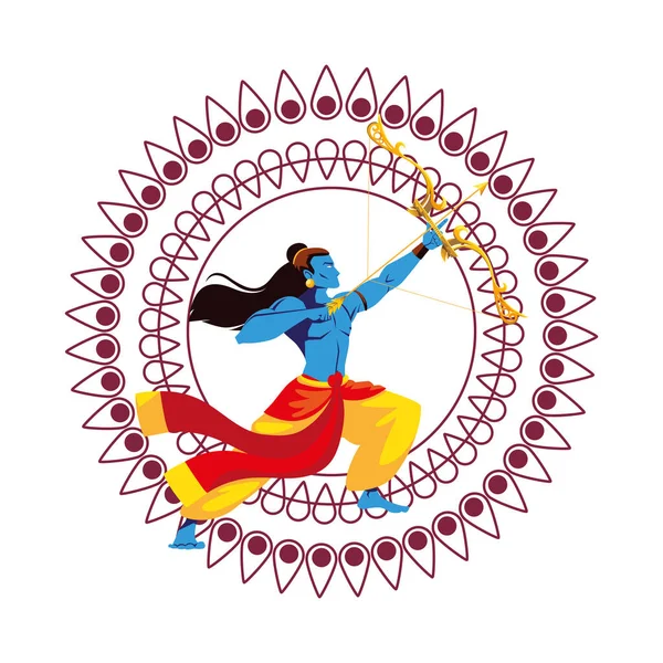 Lord ram cartoon with bow and arrow in front of mandala vector design — стоковый вектор