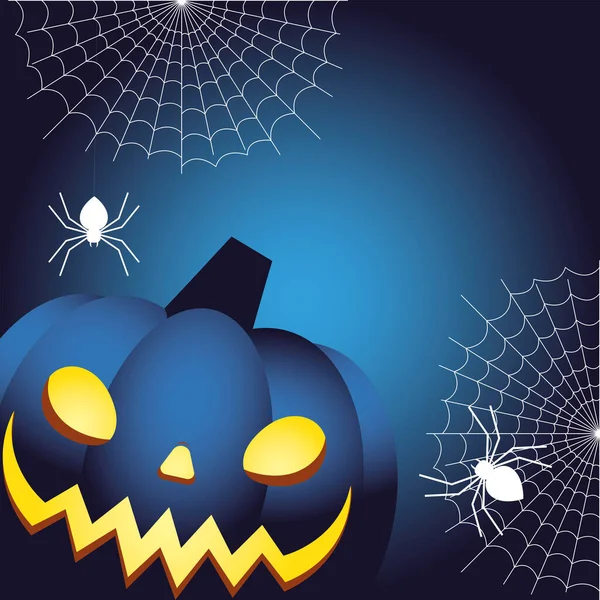 Dibujos animados de calabaza azul de Halloween con diseño de vectores de arañas — Vector de stock