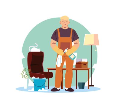 Temizlik servisinde çalışan genç adam.